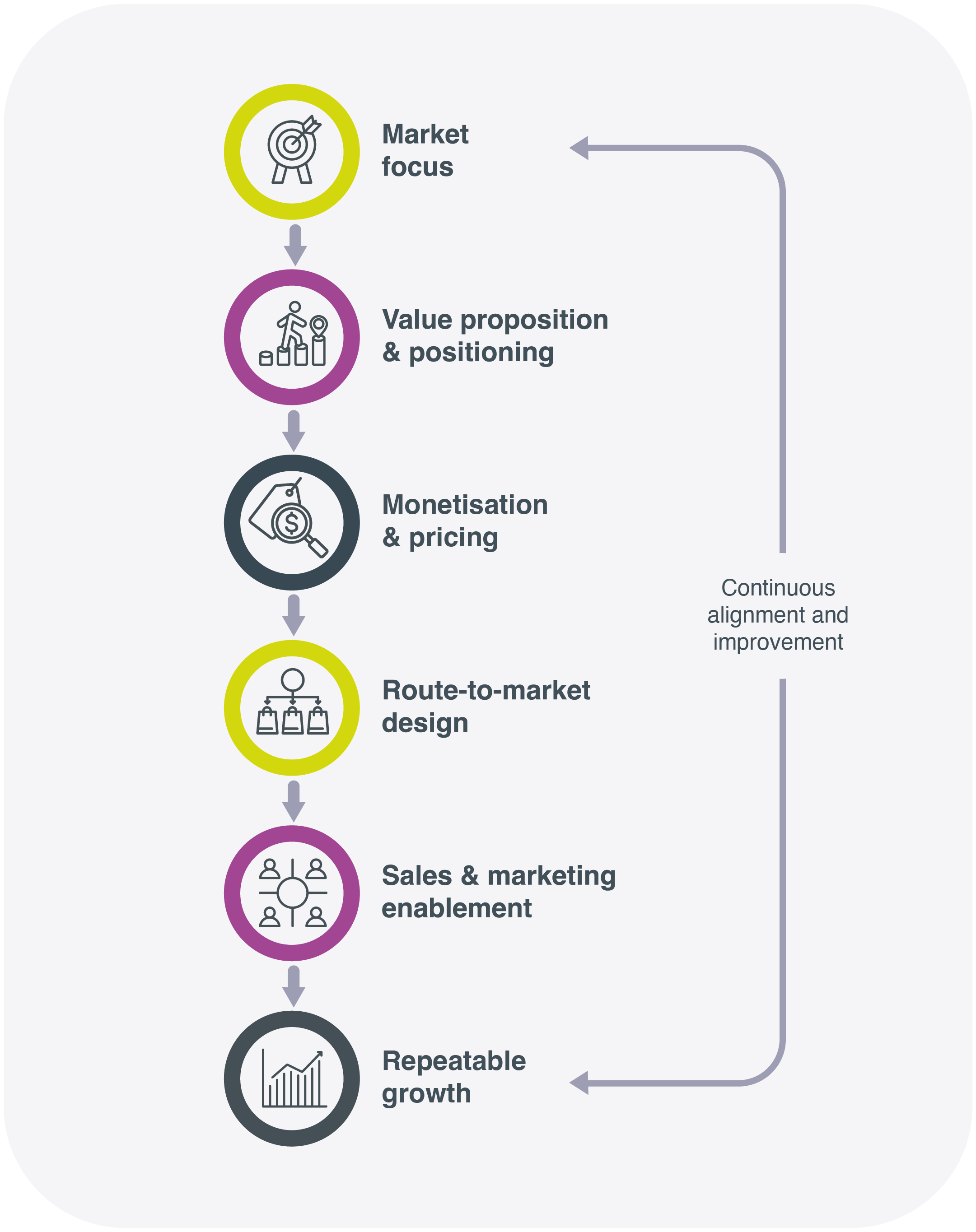 1. Market focus, 2.Value proposition and positioning, 3.Monetisation and pricing, 4.Route-to-market design, 5.Sales and marketing enablement, 6.Repeatable growth